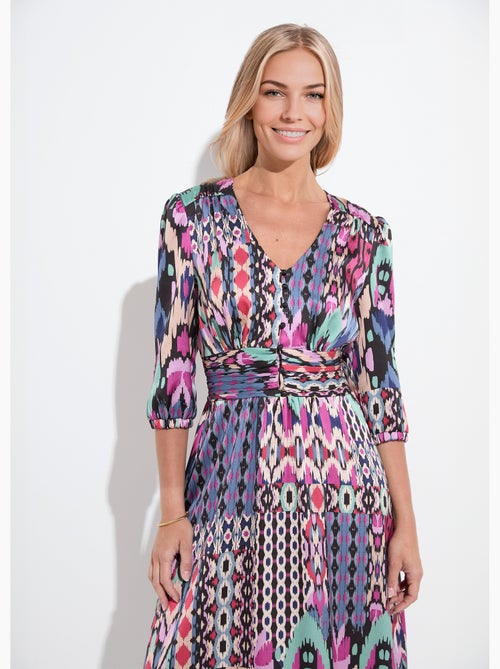 Vestido largo de satén con estampado étnico y mangas 3/4 - Afibel - Kiabi