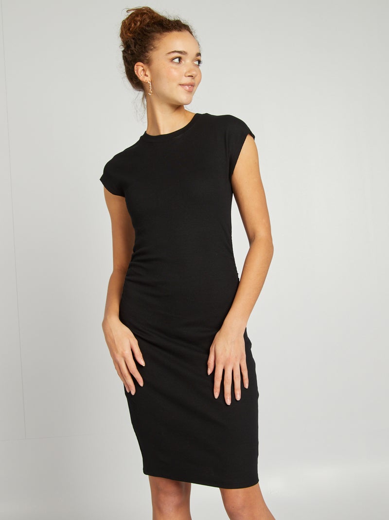 Vestido largo de tejido elástico de canalé negro - Kiabi