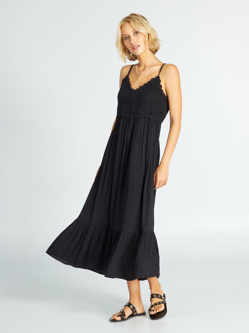 Vestido largo de tirantes de croché y crespón Negro - Kiabi