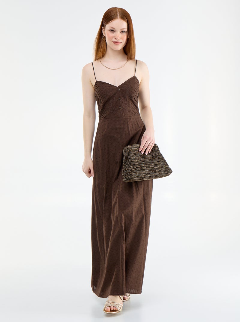 Vestido largo de tirantes finos y bordados Marron - Kiabi