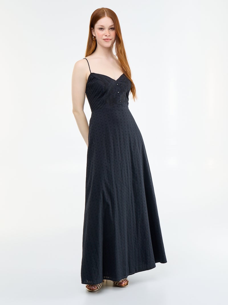 Vestido largo de tirantes finos y bordados Negro - Kiabi