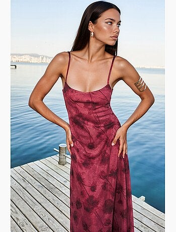 Vestido largo de tul floral con tirantes hiccup