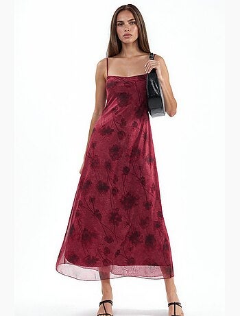 Vestido largo de tul floral con tirantes hiccup