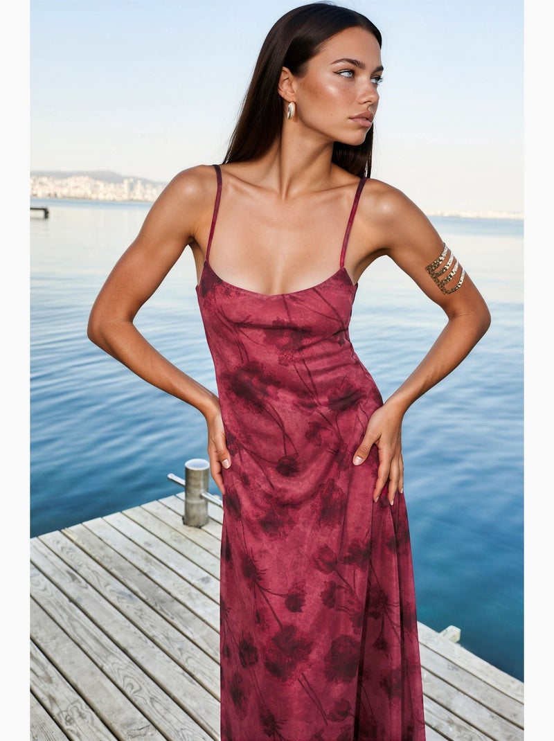 Vestido largo de tul floral con tirantes hiccup Rojo burdeos - Kiabi
