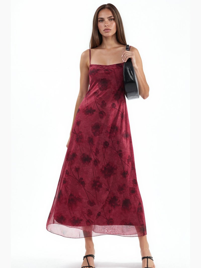 Vestido largo de tul floral con tirantes hiccup Rojo burdeos - Kiabi