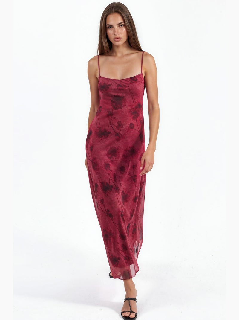 Vestido largo de tul floral con tirantes hiccup Rojo burdeos - Kiabi