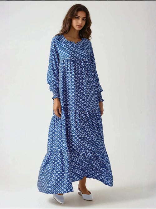 Vestido largo de viscosa con cuello redondo estampado hiccup - Kiabi Vestido largo de viscosa con cuello redondo estampado hiccup - Kiabi