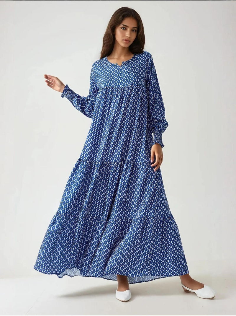 Vestido largo de viscosa con cuello redondo estampado hiccup Azul marino - Kiabi