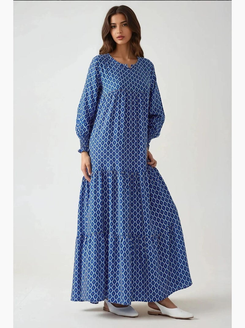 Vestido largo de viscosa con cuello redondo estampado hiccup Azul marino - Kiabi