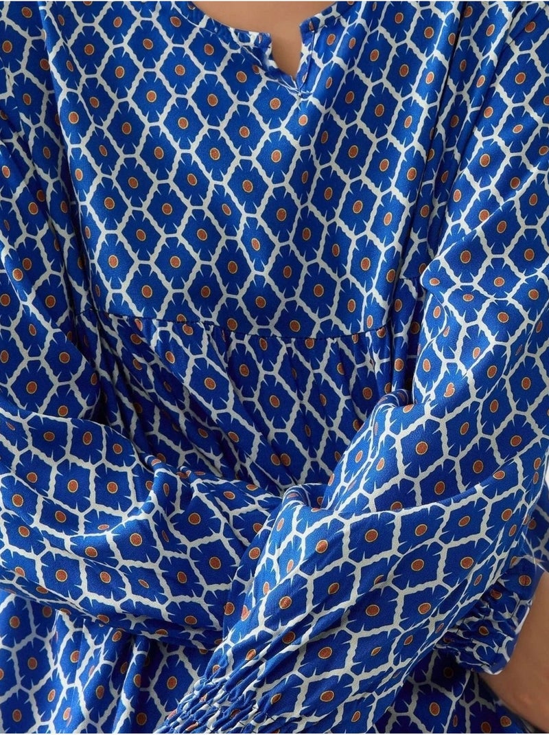 Vestido largo de viscosa con cuello redondo estampado hiccup Azul marino - Kiabi