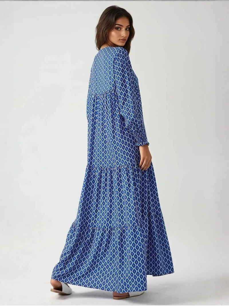 Vestido largo de viscosa con cuello redondo estampado hiccup Azul marino - Kiabi