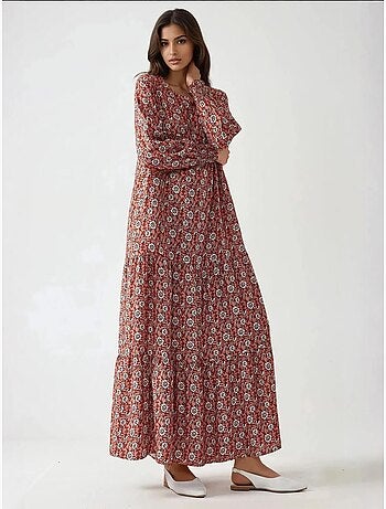 Vestido largo de viscosa con cuello redondo estampado hiccup