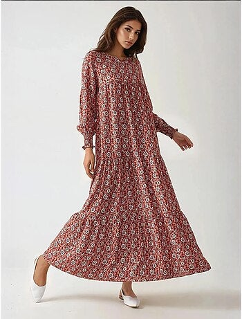 Vestido largo de viscosa con cuello redondo estampado hiccup
