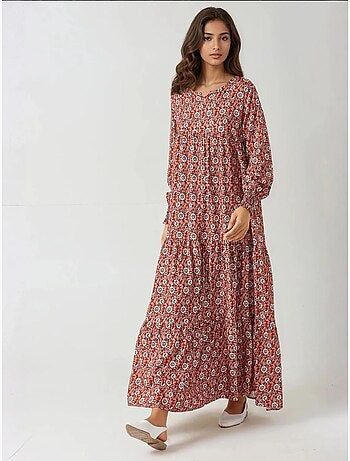 Vestido largo de viscosa con cuello redondo estampado hiccup