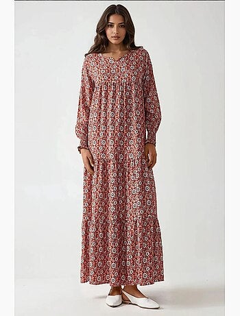 Vestido largo de viscosa con cuello redondo estampado hiccup