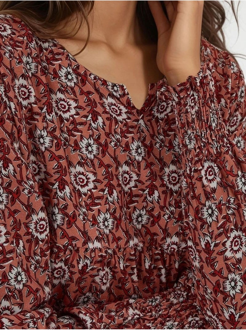 Vestido largo de viscosa con cuello redondo estampado hiccup Rojo - Kiabi