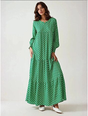 Vestido largo de viscosa con cuello redondo estampado hiccup
