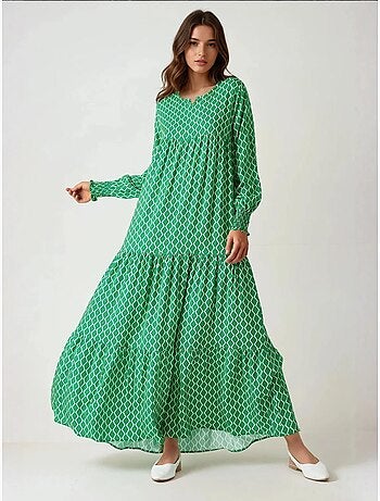 Vestido largo de viscosa con cuello redondo estampado hiccup