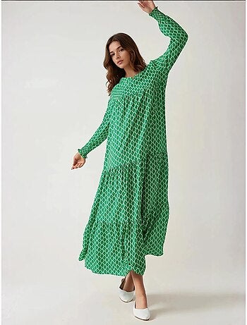 Vestido largo de viscosa con cuello redondo estampado hiccup