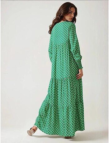 Vestido largo de viscosa con cuello redondo estampado hiccup