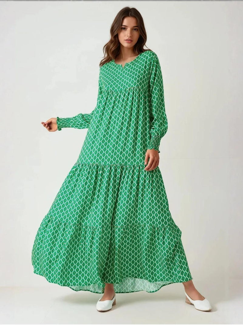 Vestido largo de viscosa con cuello redondo estampado hiccup Verde botella - Kiabi