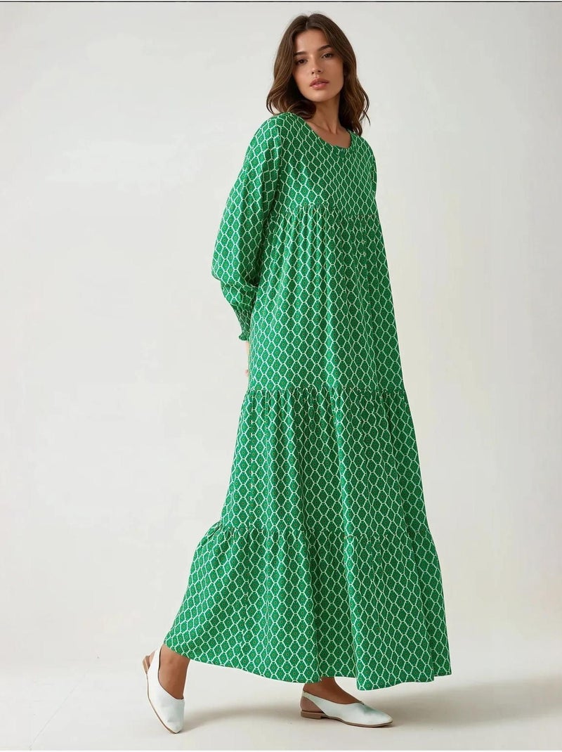 Vestido largo de viscosa con cuello redondo estampado hiccup Verde botella - Kiabi