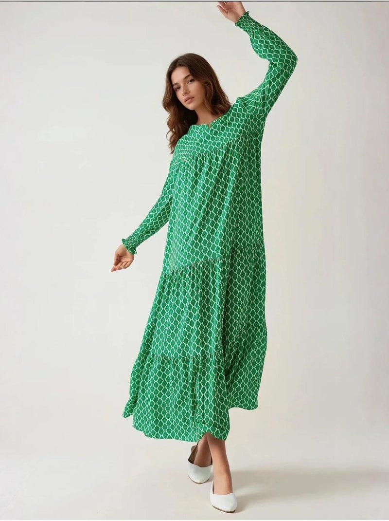 Vestido largo de viscosa con cuello redondo estampado hiccup Verde botella - Kiabi