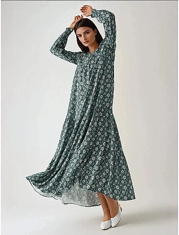 Vestido largo de viscosa con cuello redondo estampado hiccup
