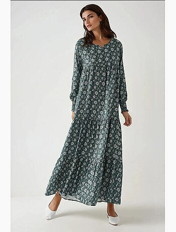 Vestido largo de viscosa con cuello redondo estampado hiccup