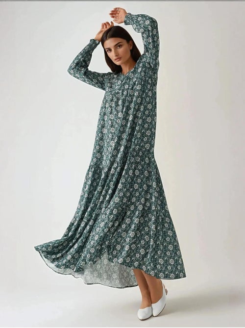 Vestido largo de viscosa con cuello redondo estampado hiccup - Kiabi Vestido largo de viscosa con cuello redondo estampado hiccup - Kiabi