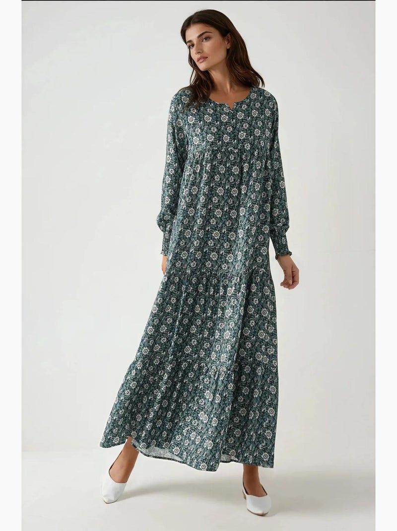 Vestido largo de viscosa con cuello redondo estampado hiccup Verde pastel - Kiabi