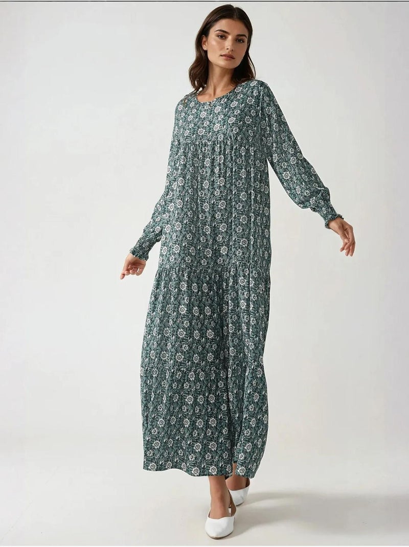 Vestido largo de viscosa con cuello redondo estampado hiccup Verde pastel - Kiabi