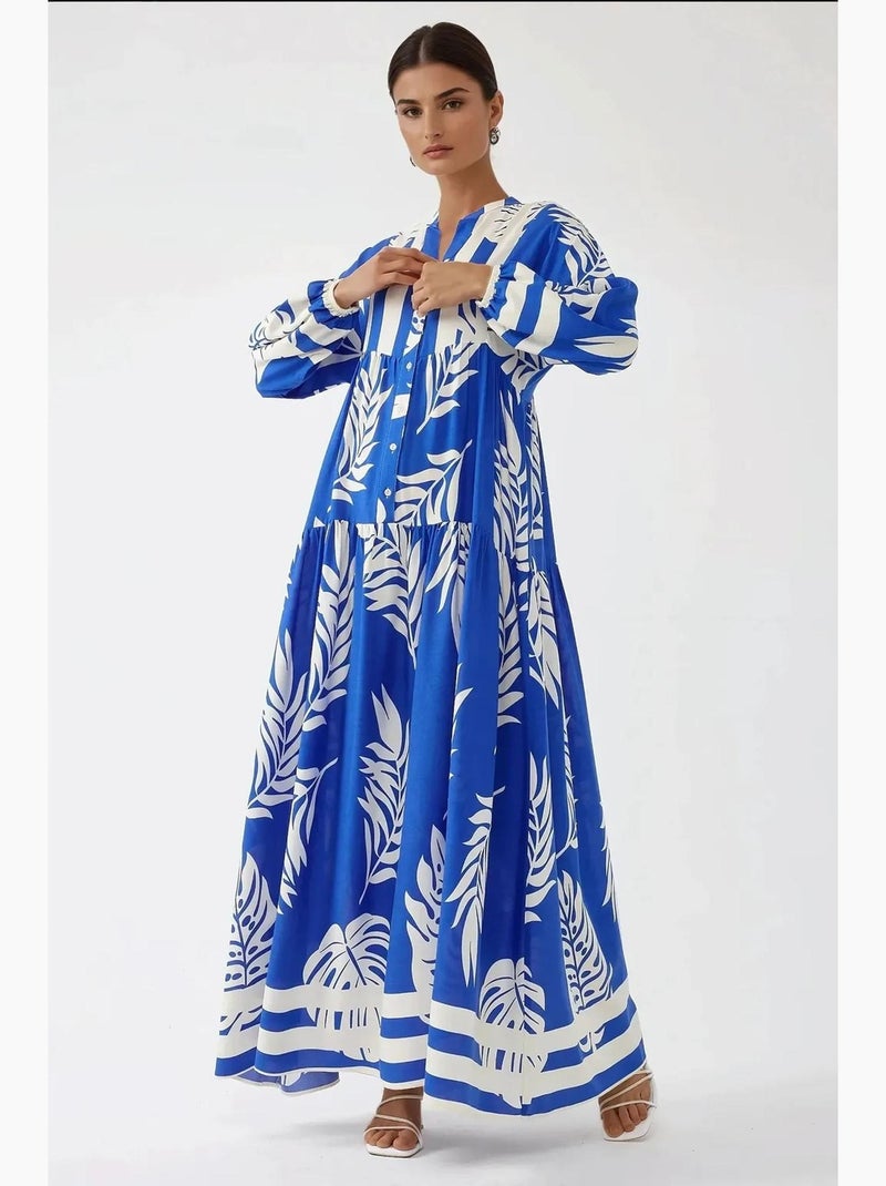 Vestido largo de viscosa con manga larga estampado hiccup Azul eléctrico - Kiabi