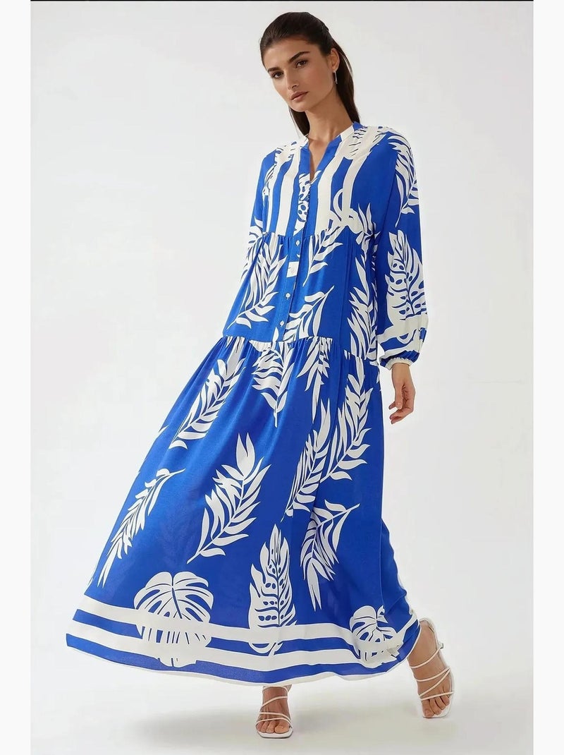 Vestido largo de viscosa con manga larga estampado hiccup Azul eléctrico - Kiabi