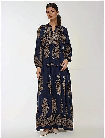 Vestido largo de viscosa con manga larga estampado hiccup