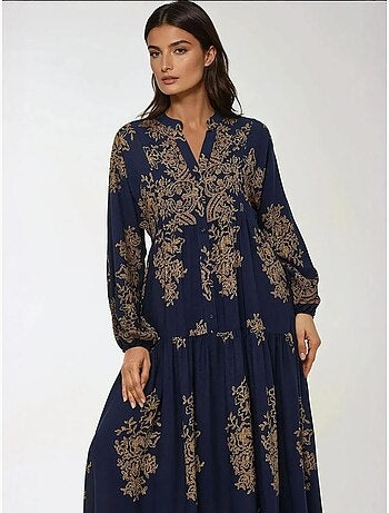 Vestido largo de viscosa con manga larga estampado hiccup