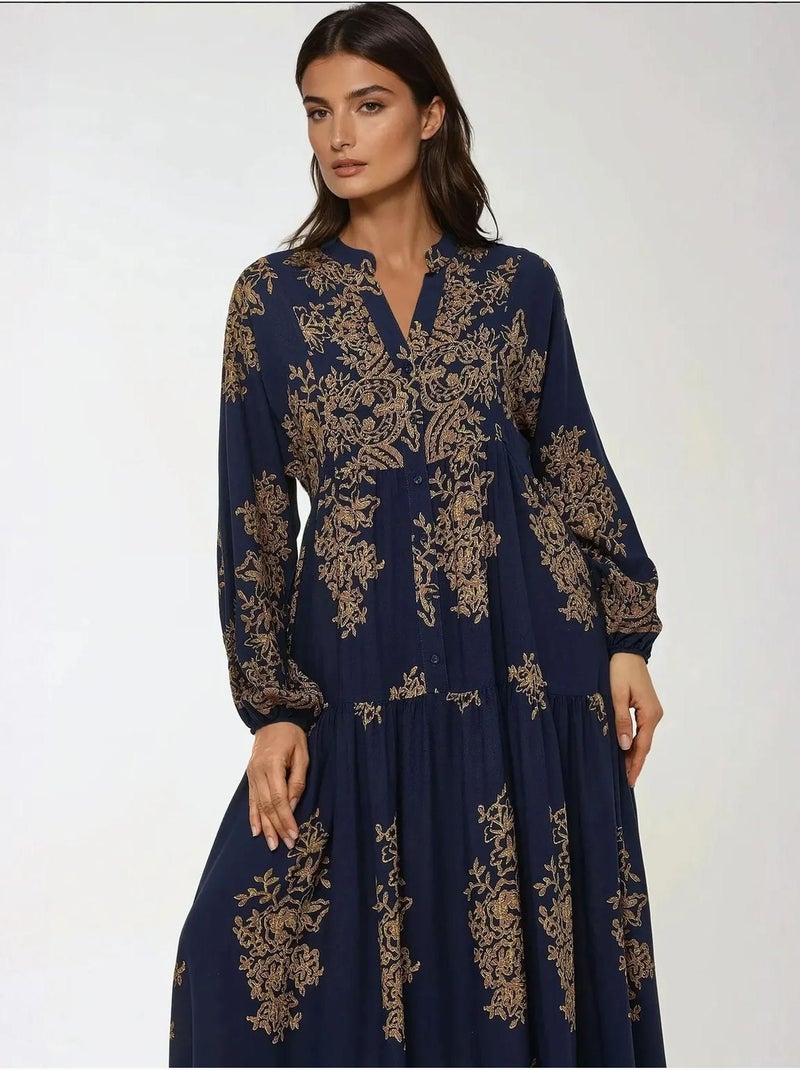 Vestido largo de viscosa con manga larga estampado hiccup Azul marino - Kiabi