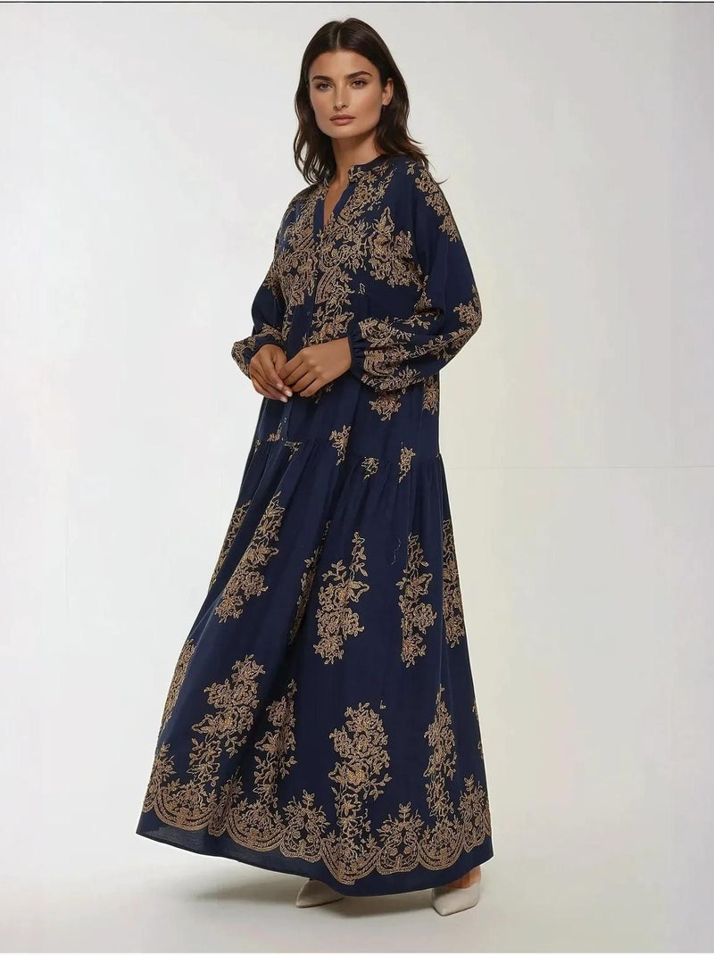 Vestido largo de viscosa con manga larga estampado hiccup Azul marino - Kiabi