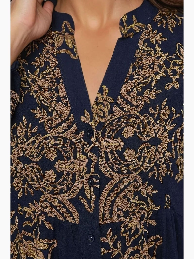 Vestido largo de viscosa con manga larga estampado hiccup Azul marino - Kiabi