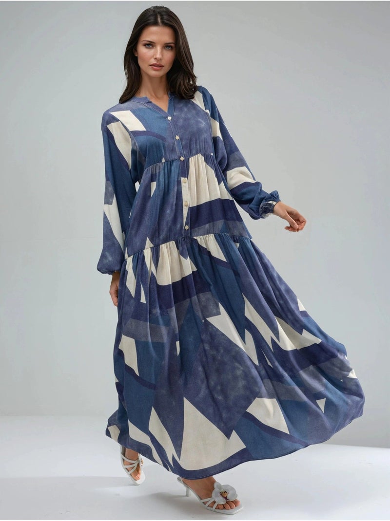 Vestido largo de viscosa con manga larga estampado hiccup Azul marino - Kiabi