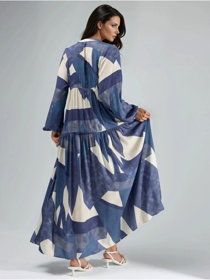 Vestido largo de viscosa con manga larga estampado hiccup Azul marino - Kiabi