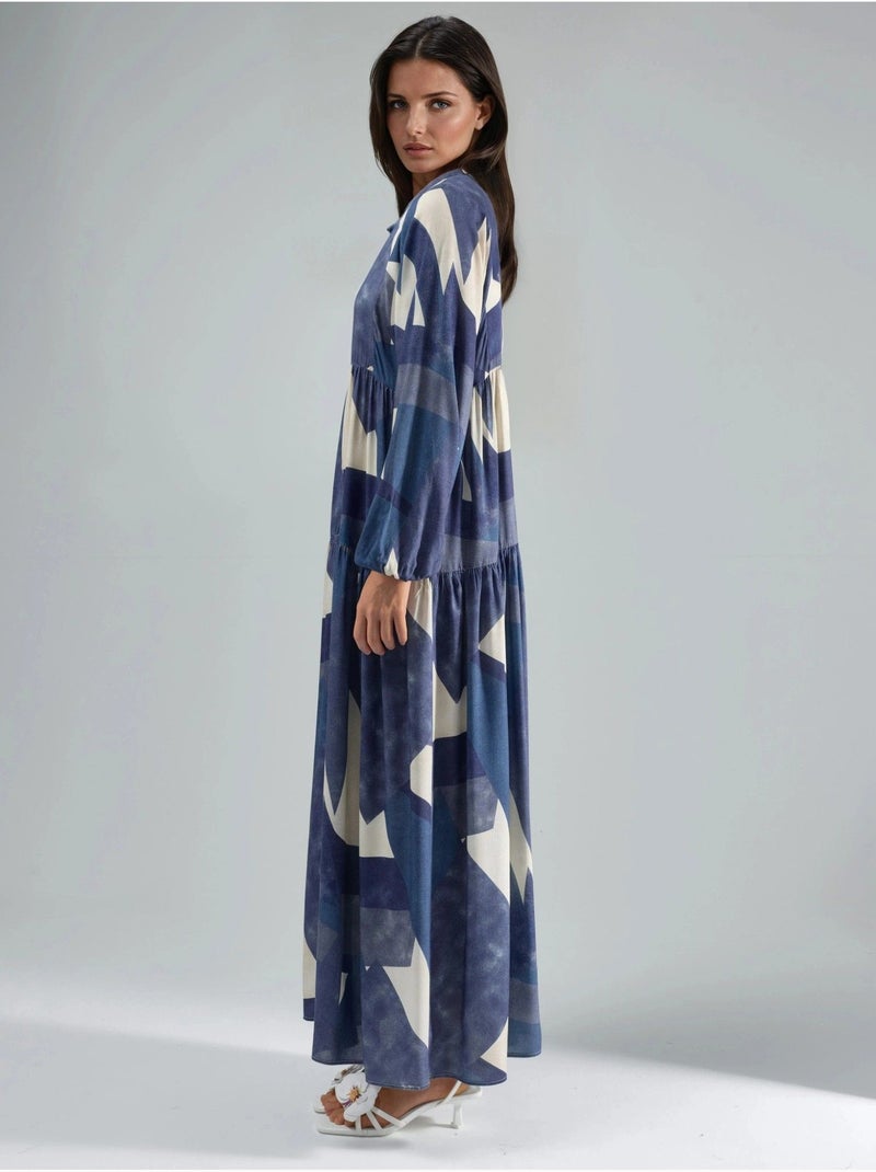 Vestido largo de viscosa con manga larga estampado hiccup Azul marino - Kiabi