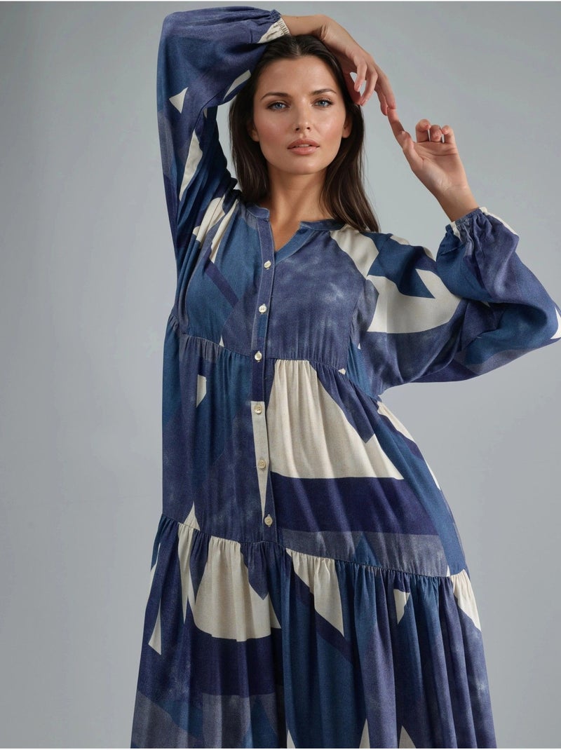 Vestido largo de viscosa con manga larga estampado hiccup Azul marino - Kiabi