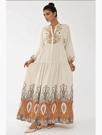 Vestido largo de viscosa con manga larga estampado hiccup