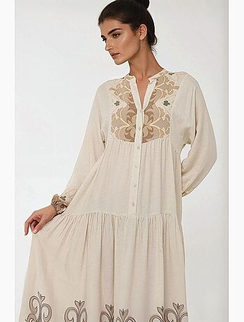 Vestido largo de viscosa con manga larga estampado hiccup