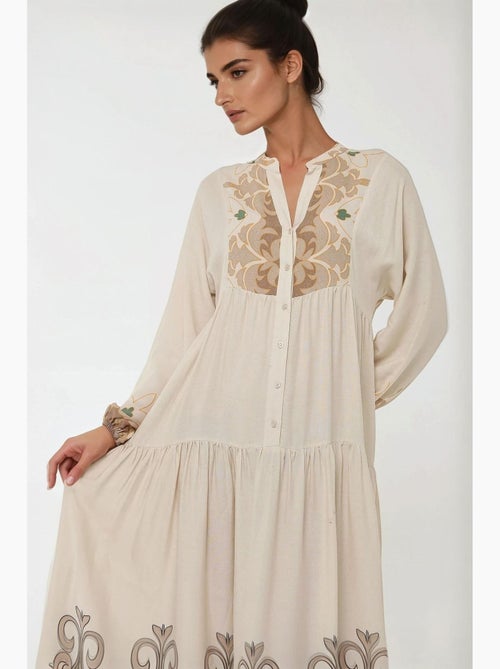 Vestido largo de viscosa con manga larga estampado hiccup - Kiabi Vestido largo de viscosa con manga larga estampado hiccup - Kiabi