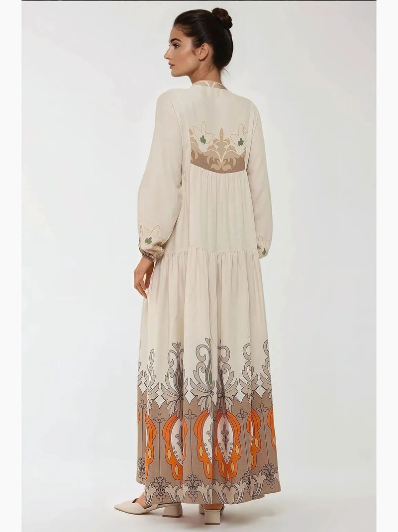 Vestido largo de viscosa con manga larga estampado hiccup Beige arcilla - Kiabi