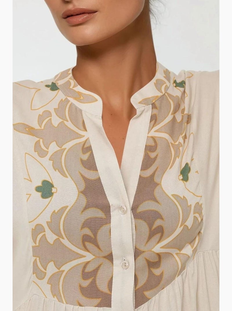 Vestido largo de viscosa con manga larga estampado hiccup Beige arcilla - Kiabi