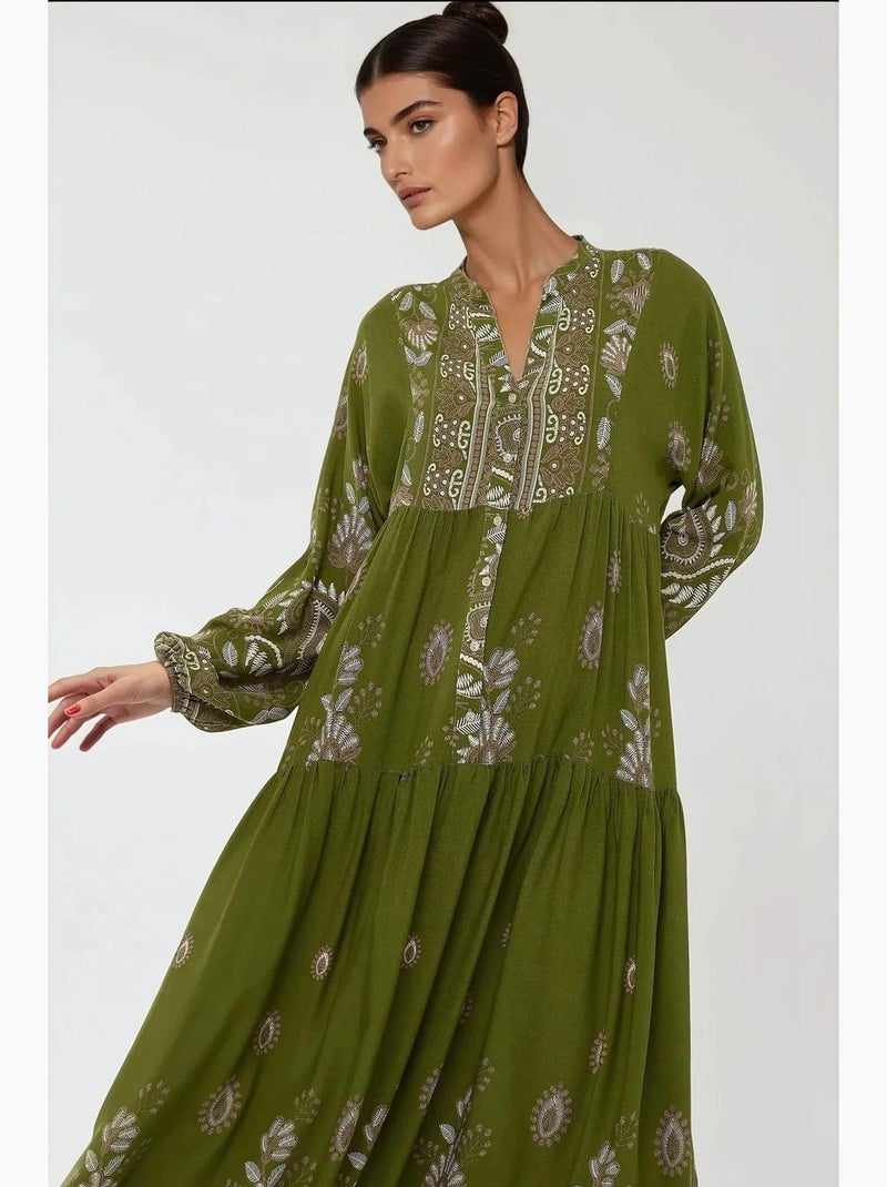Vestido largo de viscosa con manga larga estampado hiccup Caqui - Kiabi