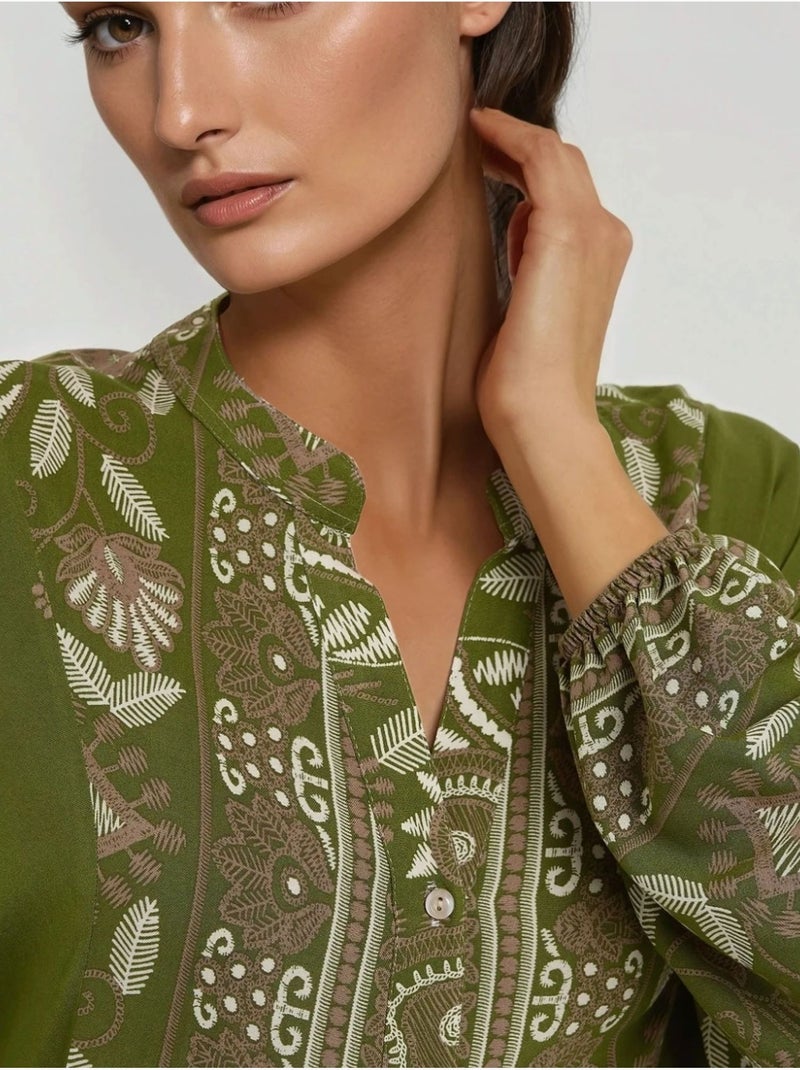 Vestido largo de viscosa con manga larga estampado hiccup Caqui - Kiabi